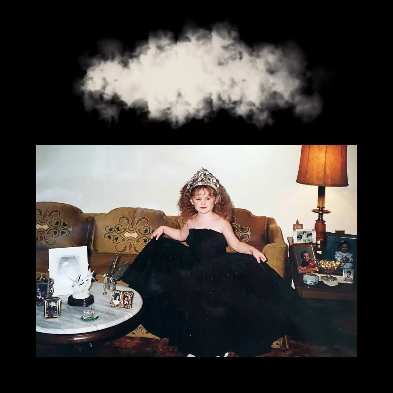 Album art with a digitally-illustrated cloud hovering above a childhood photo of me sitting on a couch, wearing a crown, holding out the skirt of a black dress.
