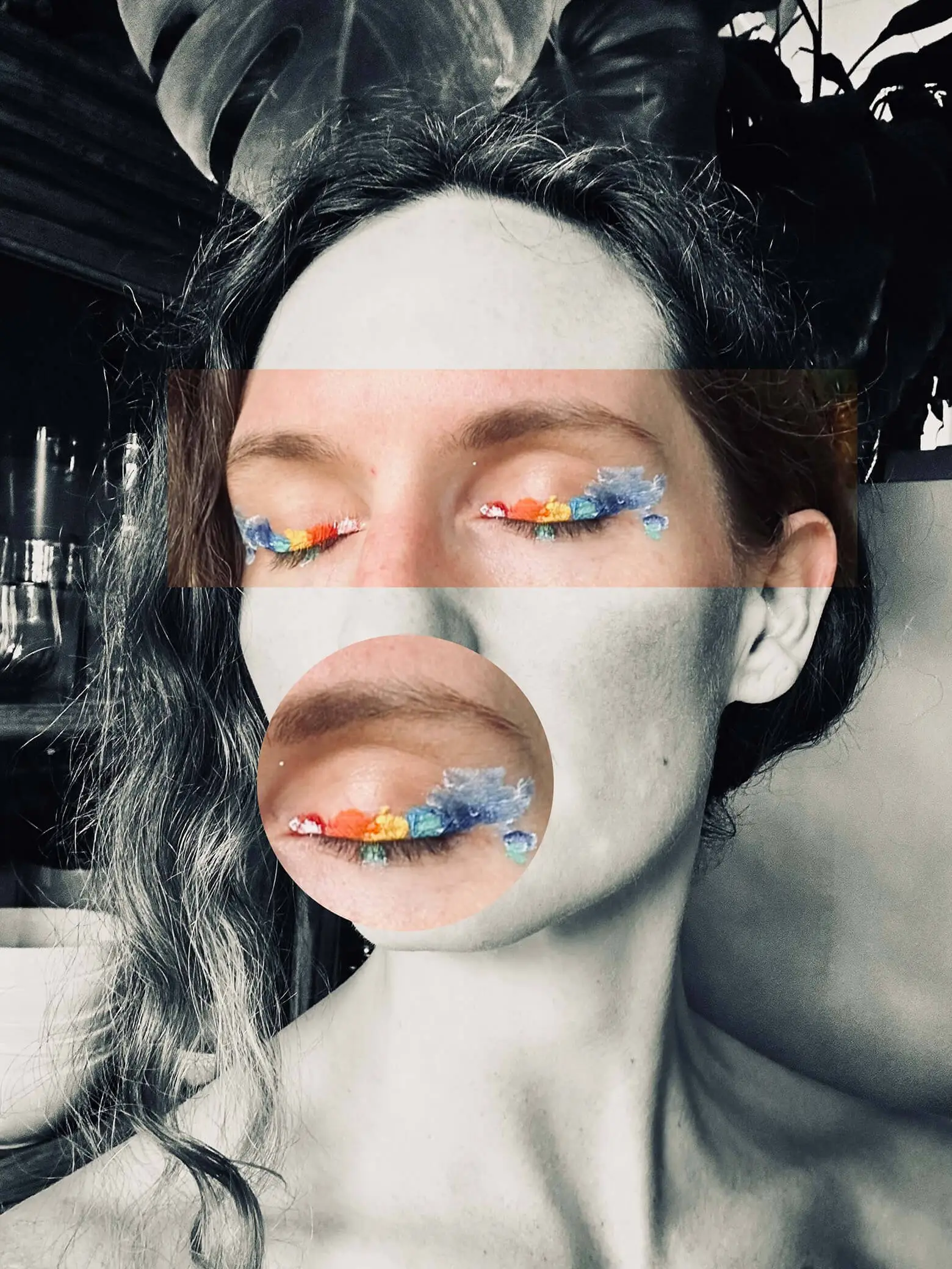 My face with rainbow-colored paint on my eyes. My mouth is overlaid with a circular cropped image of one of my eyes.