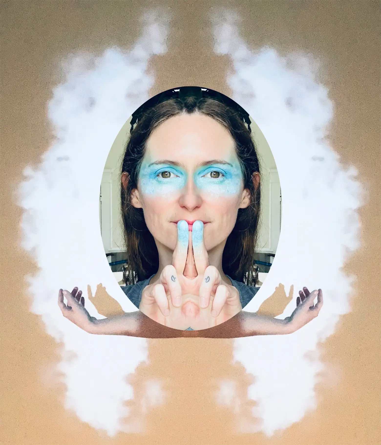 a symmetrical composition featuring mirrored images of my face with colorful makeup.