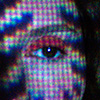 close-up of my eye with red eyeshadow, overlaid with a projection of a pixelated photo